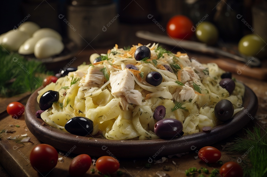 Salada de bacalhau com batatas e azeitonas no prato na mesa de madeira rústica