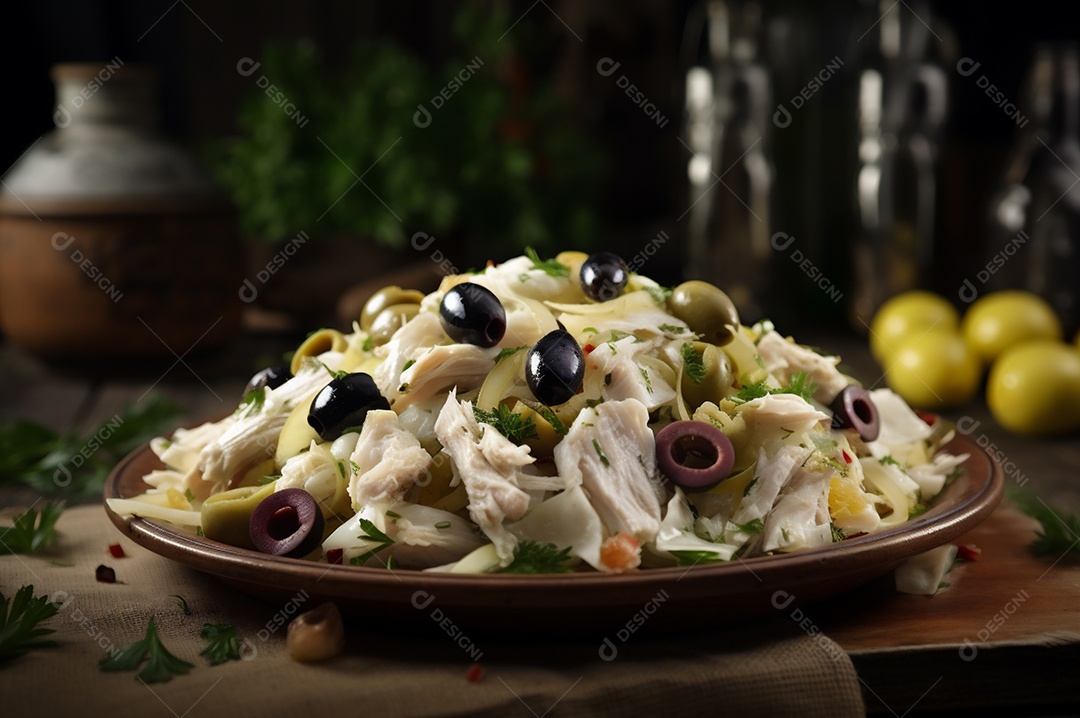 Salada de bacalhau com batatas e azeitonas no prato na mesa de madeira rústica