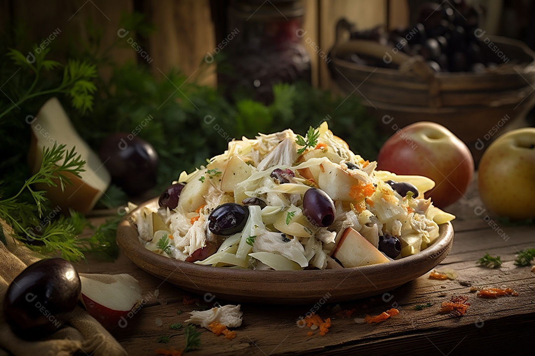 Salada de bacalhau com batatas e azeitonas no prato na mesa de madeira rústica