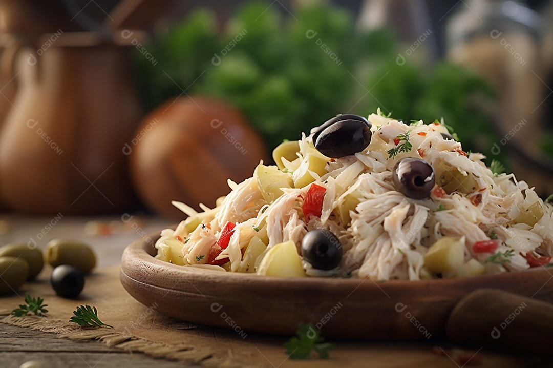 Salada de bacalhau com batatas e azeitonas no prato na mesa de madeira rústica