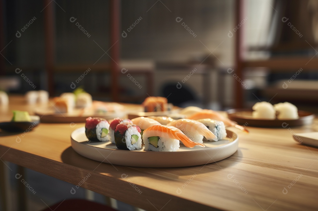 Conjunto de sushi variado disposto no prato sobre a mesa de madeira.