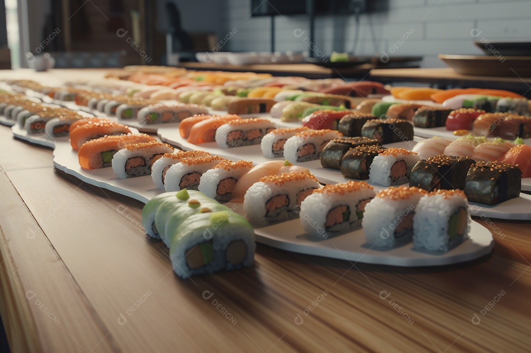 Conjunto de sushi variado disposto no prato sobre a mesa de madeira.