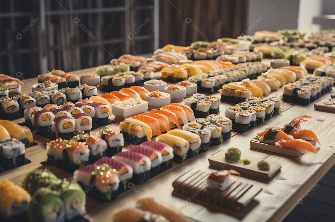 Conjunto de sushi variado disposto no prato sobre a mesa de madeira.