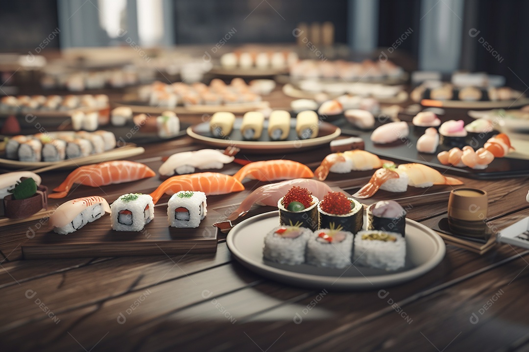 Conjunto de sushi variado disposto no prato sobre a mesa de madeira.