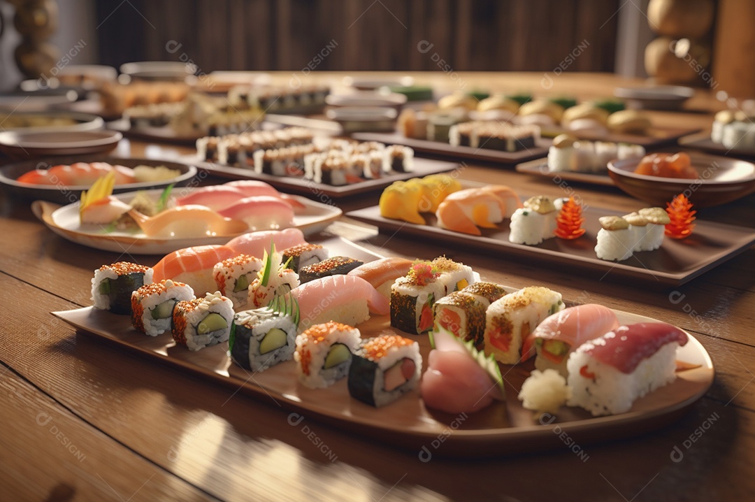 Conjunto de sushi variado disposto no prato sobre a mesa de madeira.