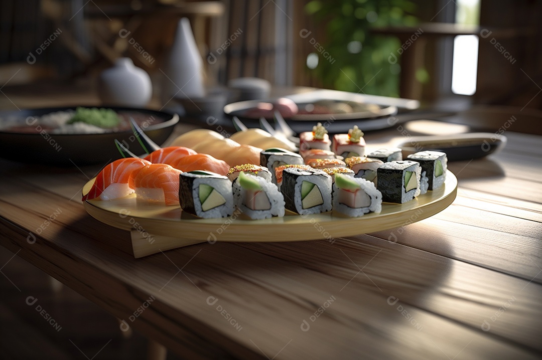 Conjunto de sushi variado disposto no prato sobre a mesa de madeira.