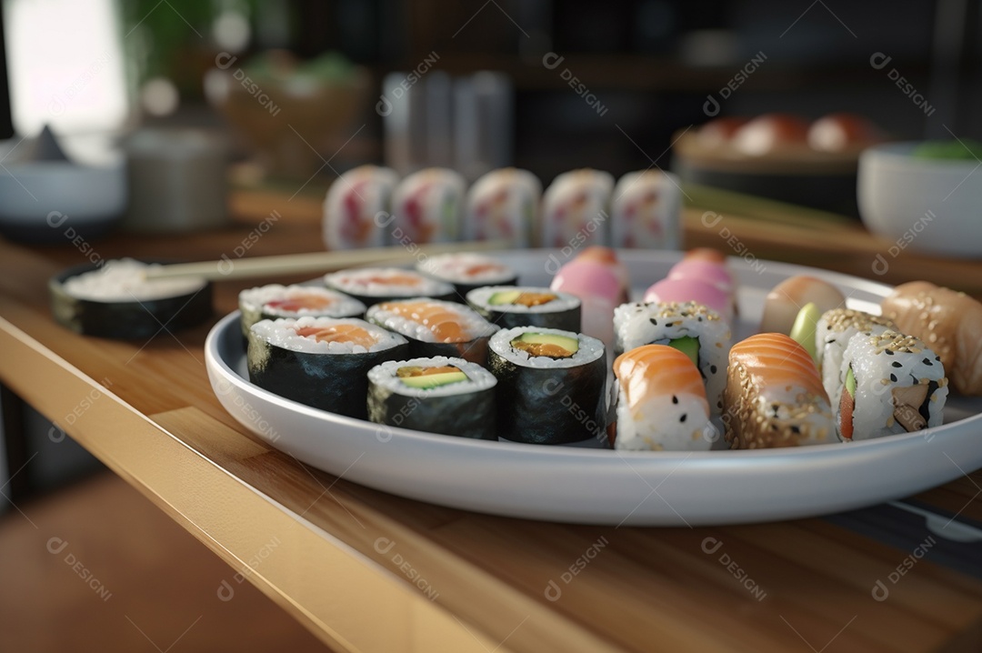 Conjunto de sushi variado disposto no prato sobre a mesa de madeira.