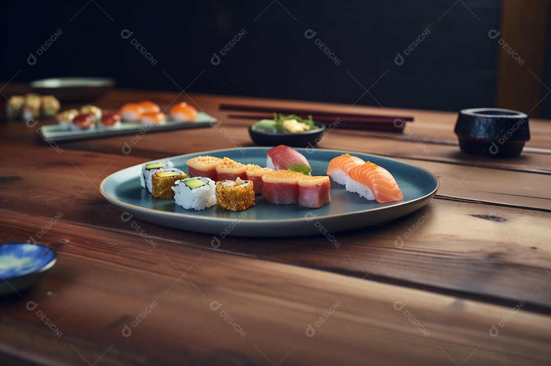 Conjunto de sushi variado disposto no prato sobre a mesa de madeira.