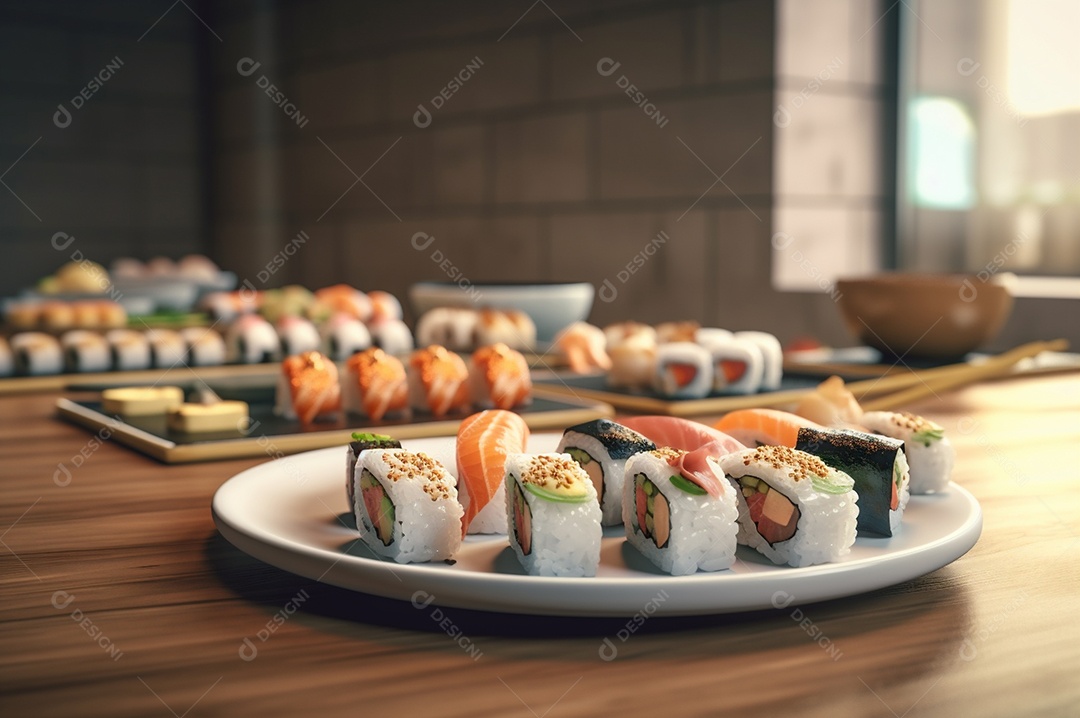 Conjunto de sushi variado disposto no prato sobre a mesa de madeira.