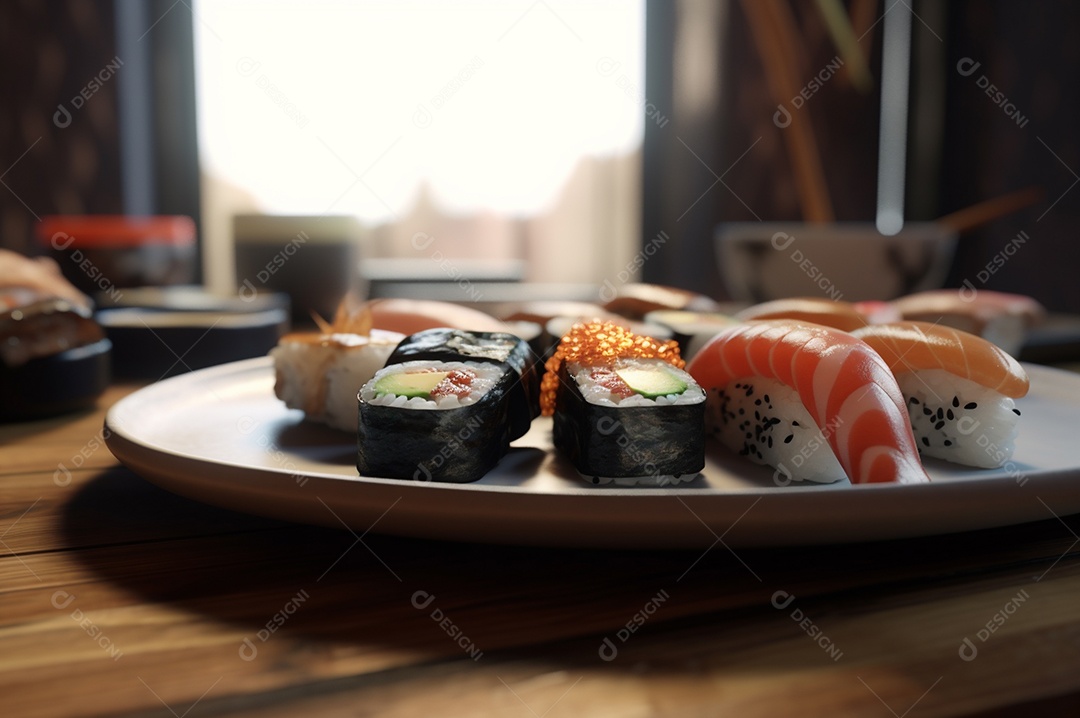 Conjunto de sushi variado disposto no prato sobre a mesa de madeira.