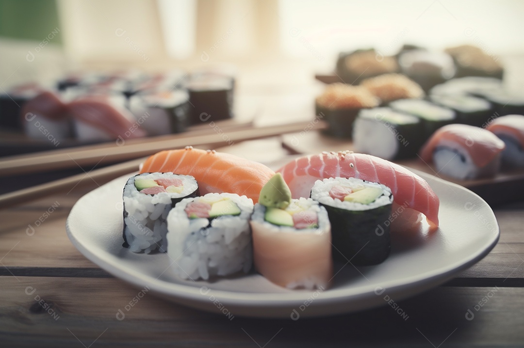Conjunto de sushi variado disposto no prato sobre a mesa de madeira.