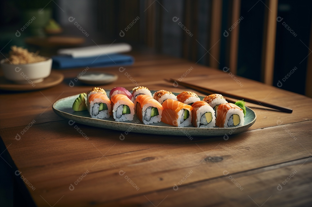 Conjunto de sushi variado disposto no prato sobre a mesa de madeira.