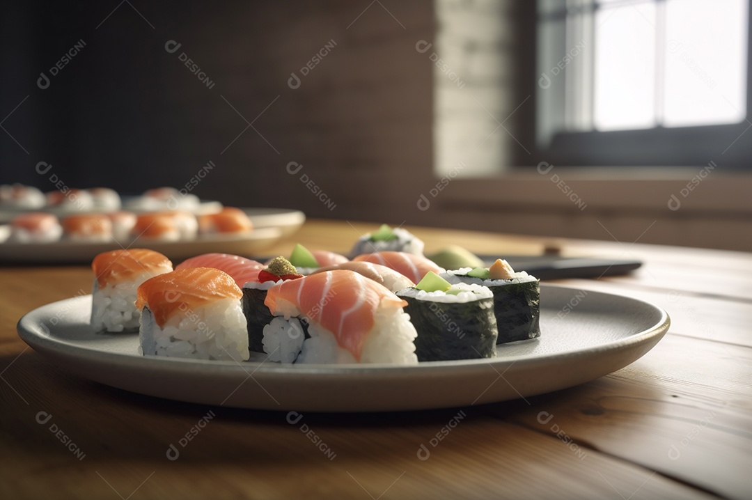 Conjunto de sushi variado disposto no prato sobre a mesa de madeira.