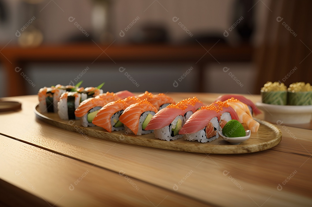 Conjunto de sushi variado disposto no prato sobre a mesa de madeira.