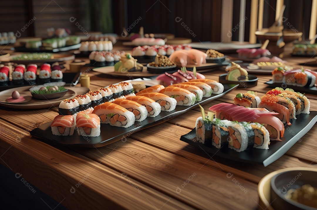 Conjunto de sushi variado disposto no prato sobre a mesa de madeira.