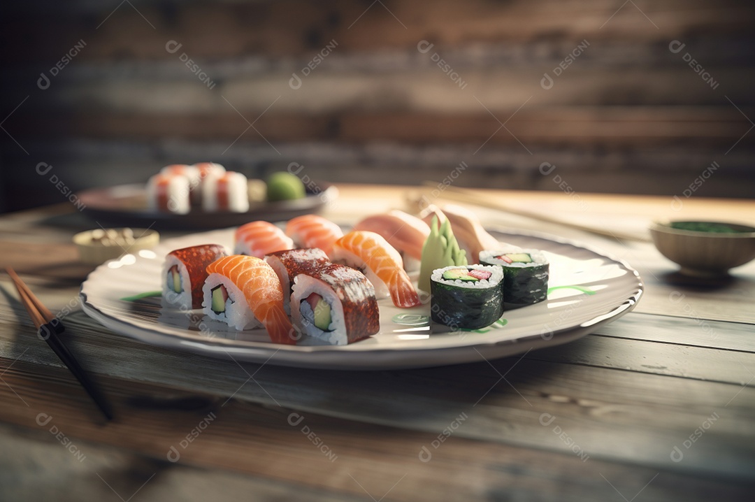 Conjunto de sushi variado disposto no prato sobre a mesa de madeira.