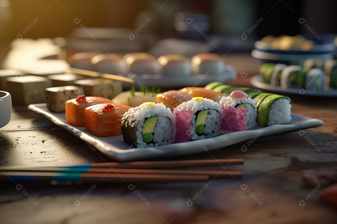 Conjunto de sushi variado disposto no prato sobre a mesa de madeira.