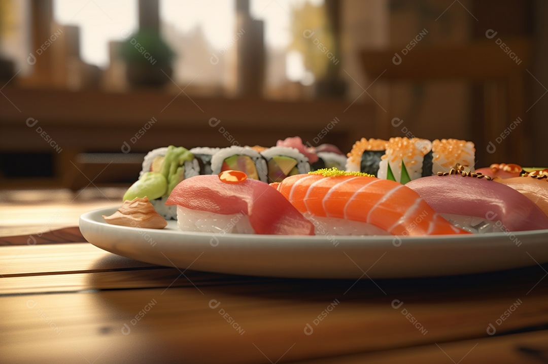 Conjunto de sushi variado disposto no prato sobre a mesa de madeira.