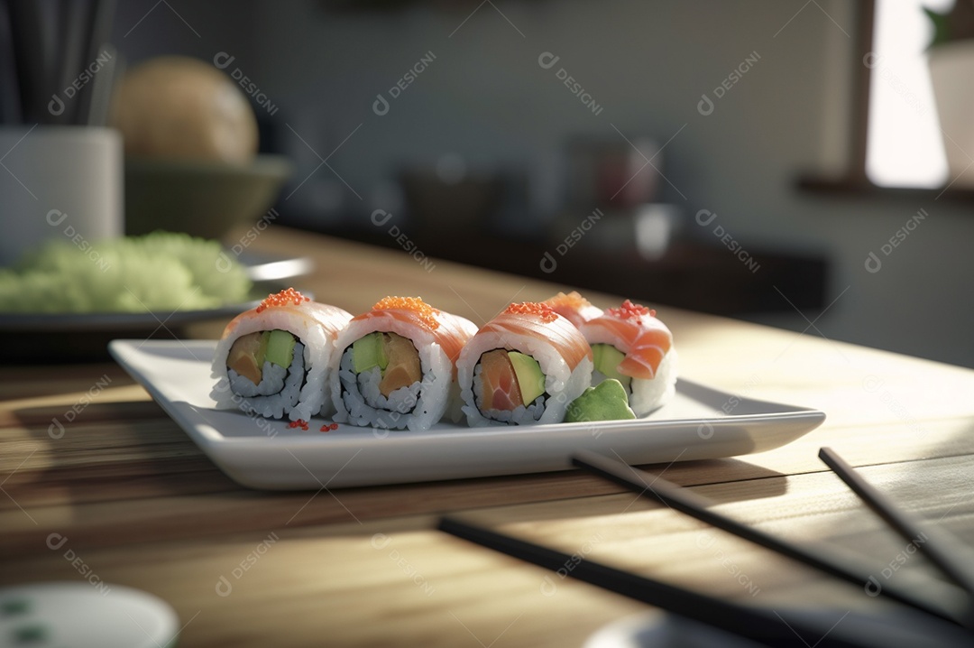 Conjunto de sushi variado disposto no prato sobre a mesa de madeira.