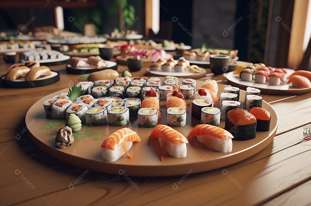 Conjunto de sushi variado disposto no prato sobre a mesa de madeira.