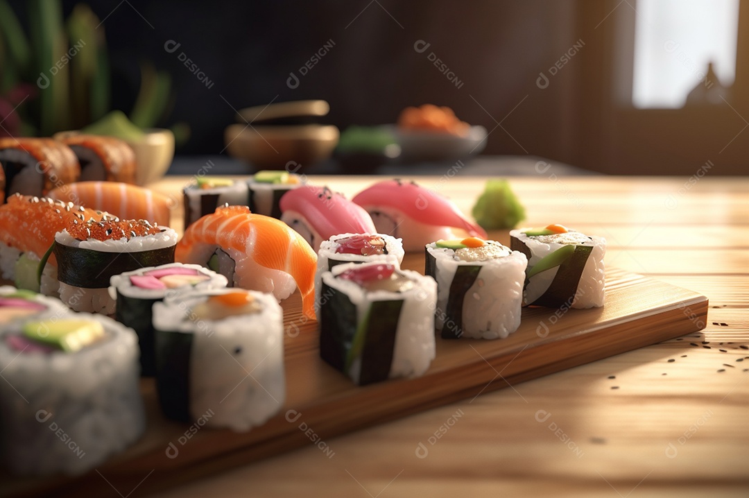 Conjunto de sushi variado disposto no prato sobre a mesa de madeira.