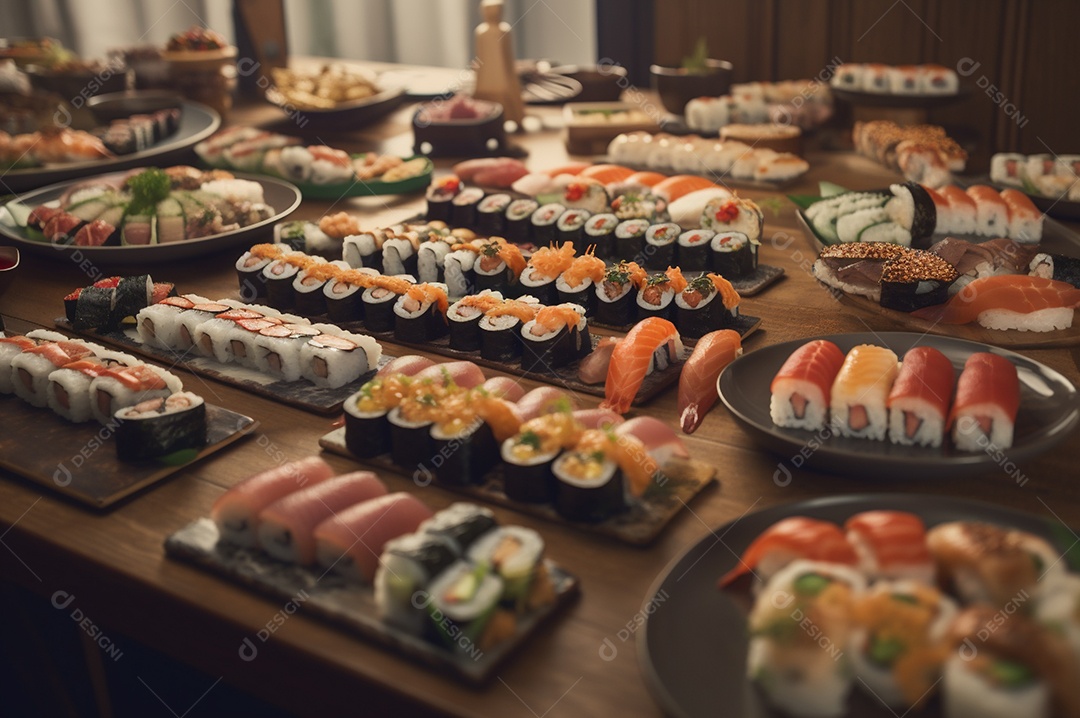 Conjunto de sushi variado disposto no prato sobre a mesa de madeira.