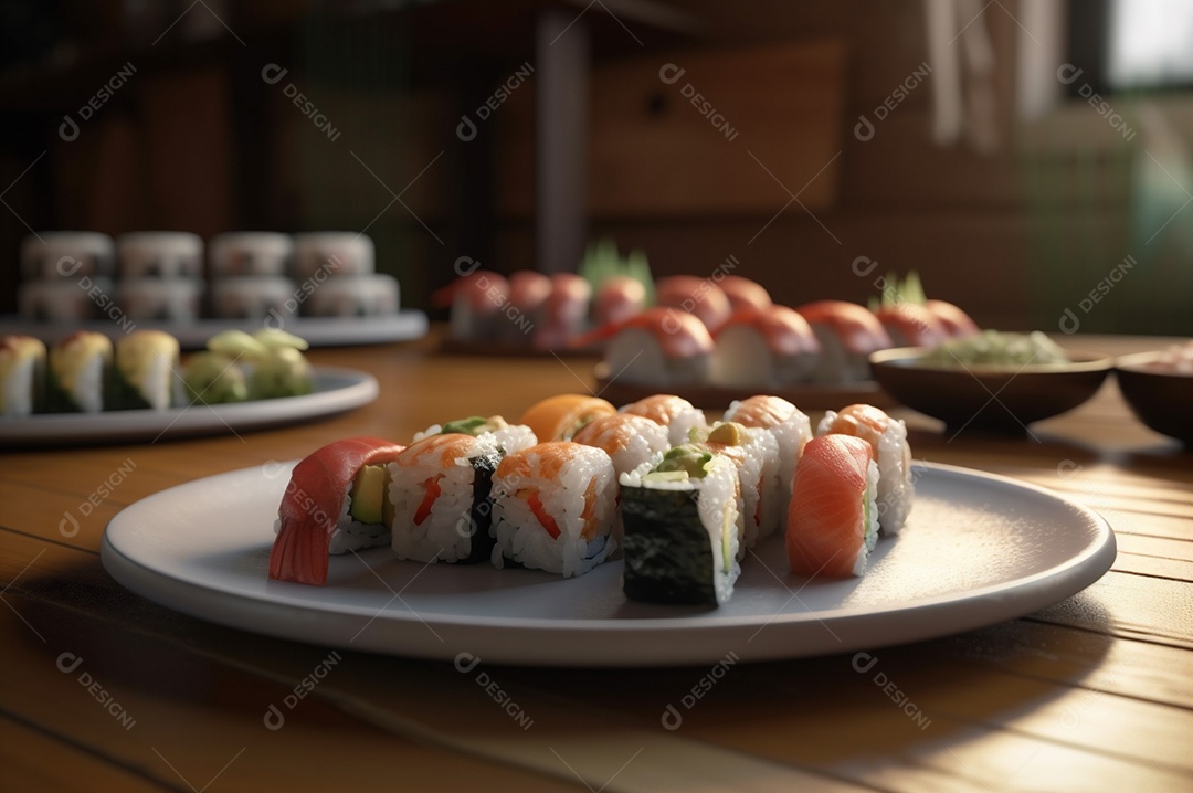 Conjunto de sushi variado disposto no prato sobre a mesa de madeira.