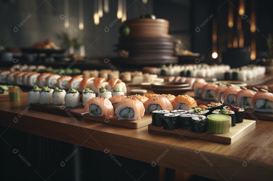 Conjunto de sushi variado disposto no prato sobre a mesa de madeira.