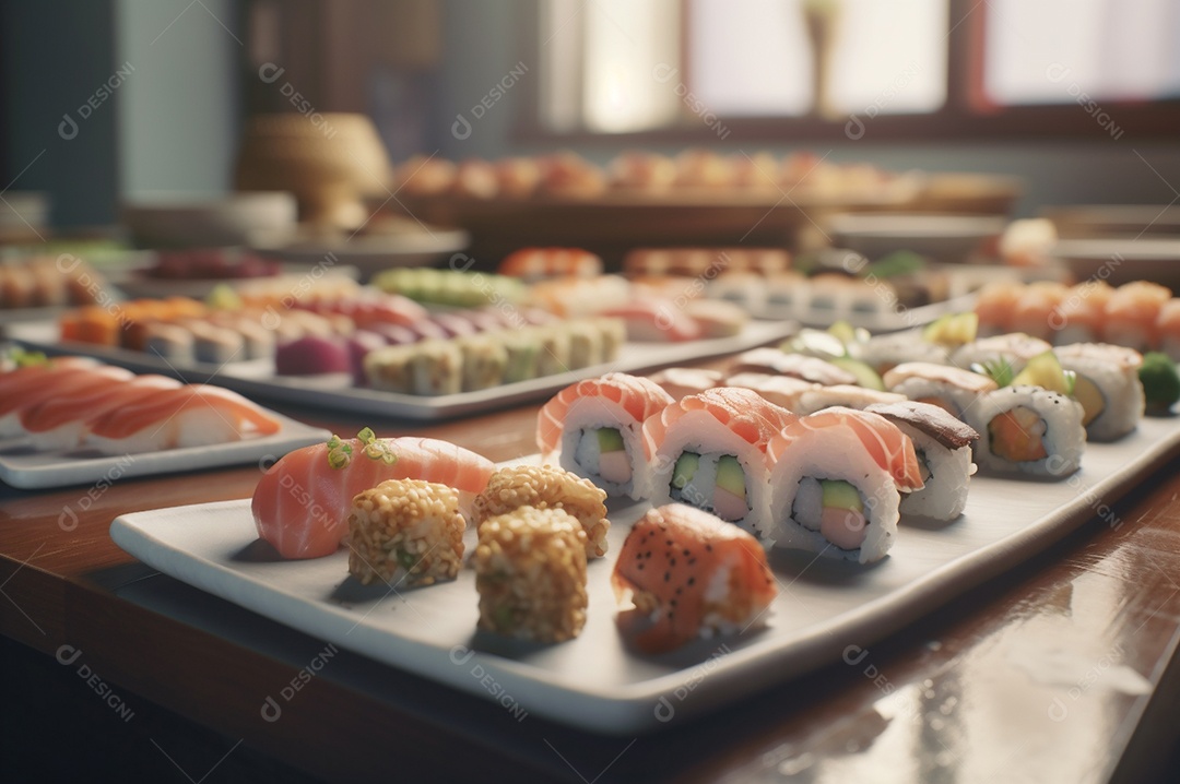 Conjunto de sushi variado disposto no prato sobre a mesa de madeira.