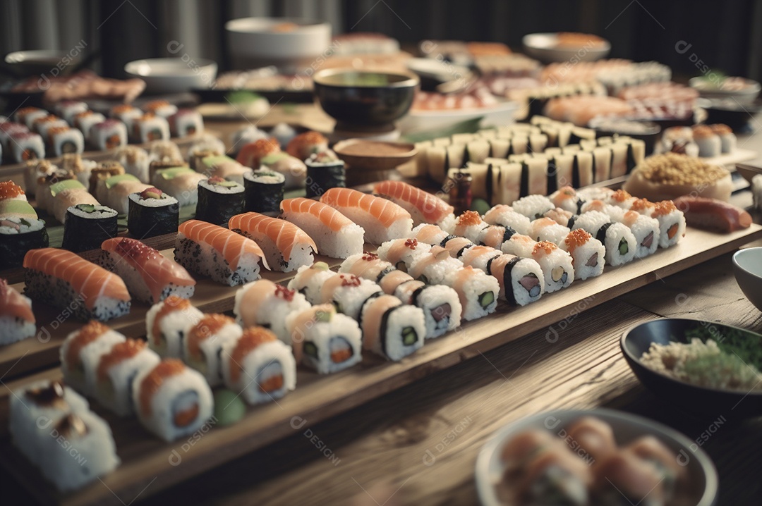 Conjunto de sushi variado disposto no prato sobre a mesa de madeira.