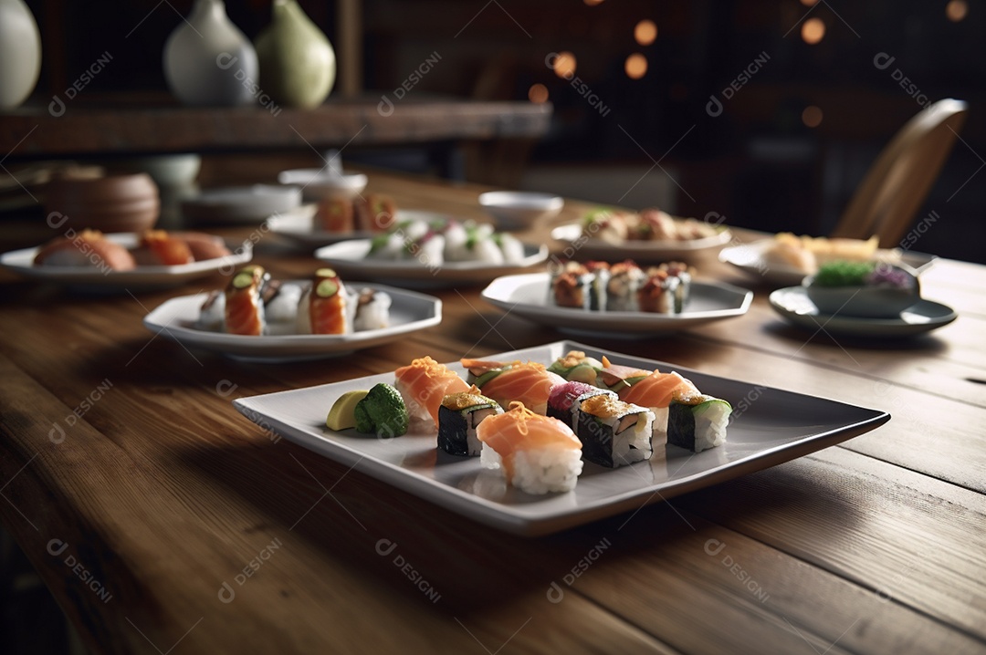 Conjunto de sushi variado disposto no prato sobre a mesa de madeira.