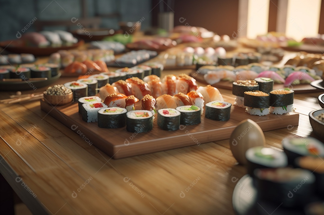 Conjunto de sushi variado disposto no prato sobre a mesa de madeira.