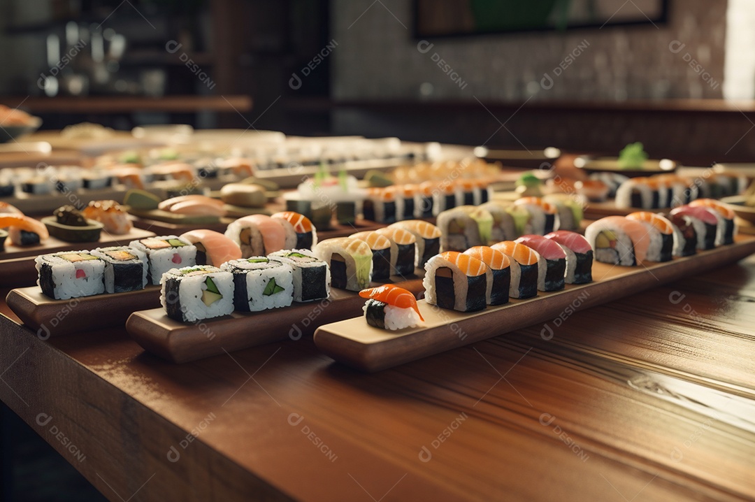 Conjunto de sushi variado disposto no prato sobre a mesa de madeira.