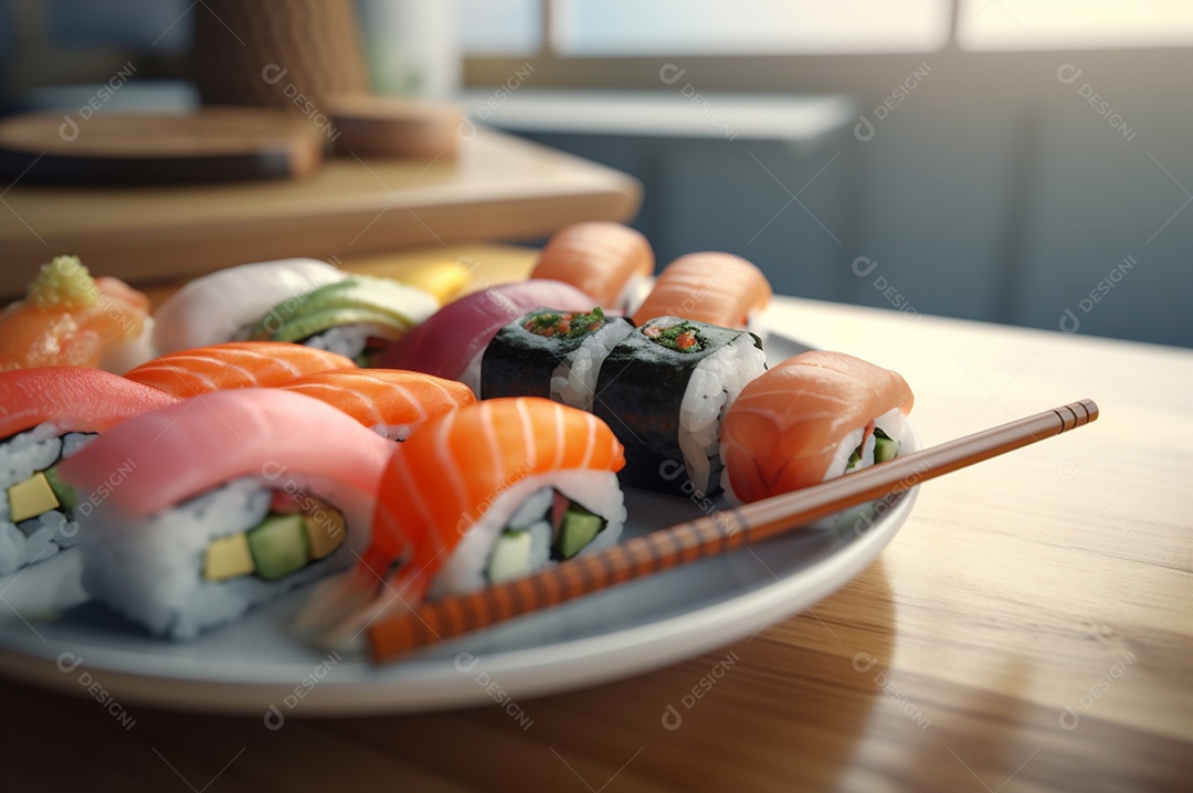 Conjunto de sushi variado disposto no prato sobre a mesa de madeira.