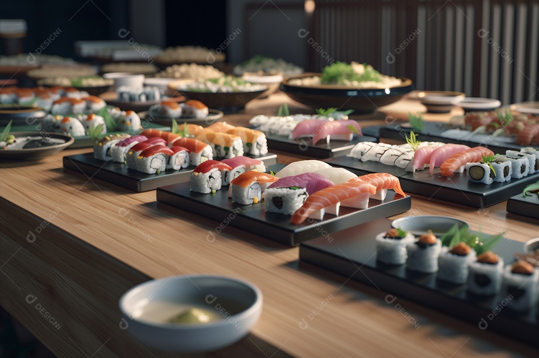 Conjunto de sushi variado disposto no prato sobre a mesa de madeira.