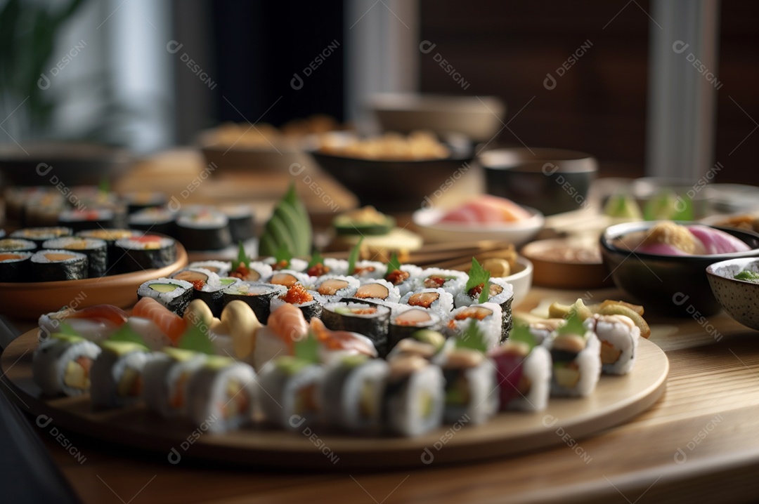 Conjunto de sushi variado disposto no prato sobre a mesa de madeira.