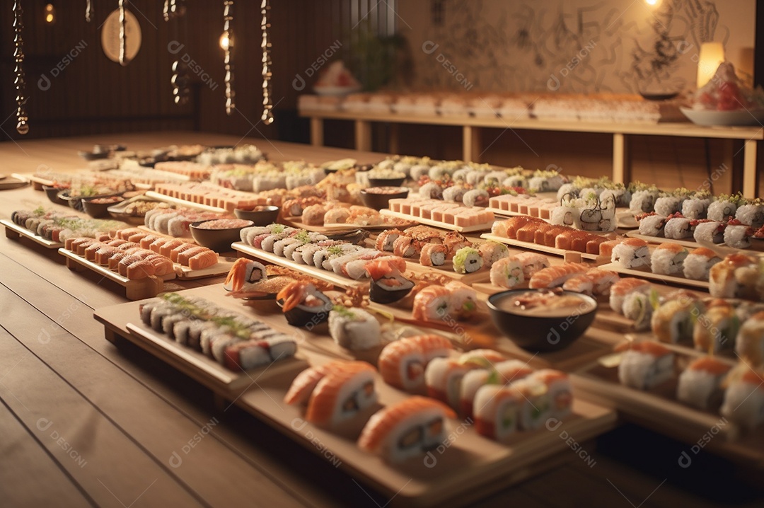 Conjunto de sushi variado disposto no prato sobre a mesa de madeira.