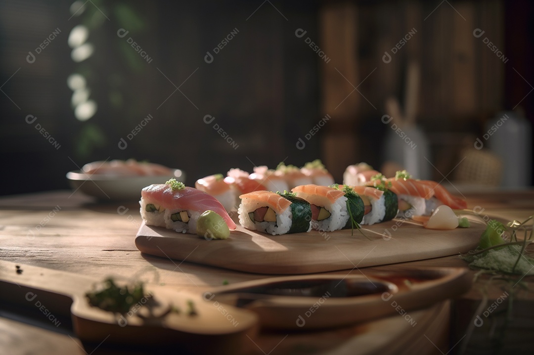 Conjunto de sushi variado disposto no prato sobre a mesa de madeira.