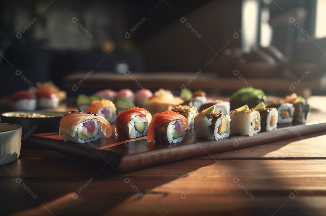 Conjunto de sushi variado disposto no prato sobre a mesa de madeira.