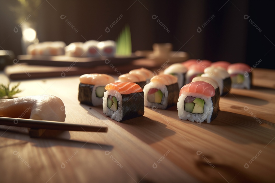 Conjunto de sushi variado disposto no prato sobre a mesa de madeira.