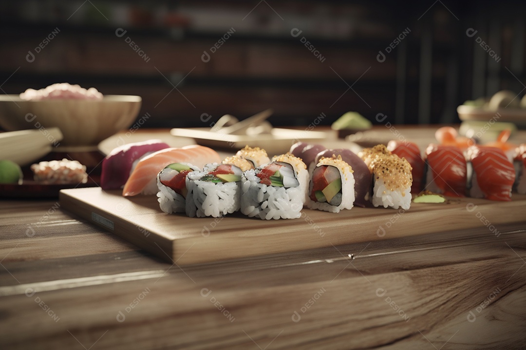 Conjunto de sushi variado disposto no prato sobre a mesa de madeira.