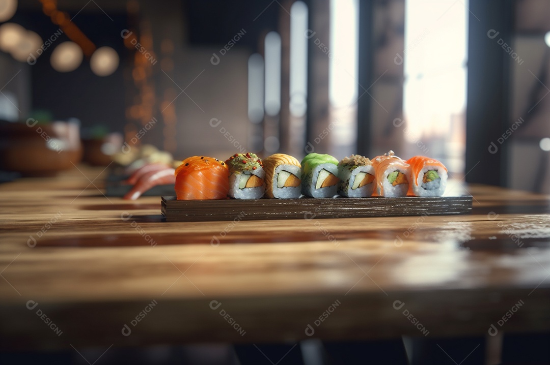 Conjunto de sushi variado disposto no prato sobre a mesa de madeira.