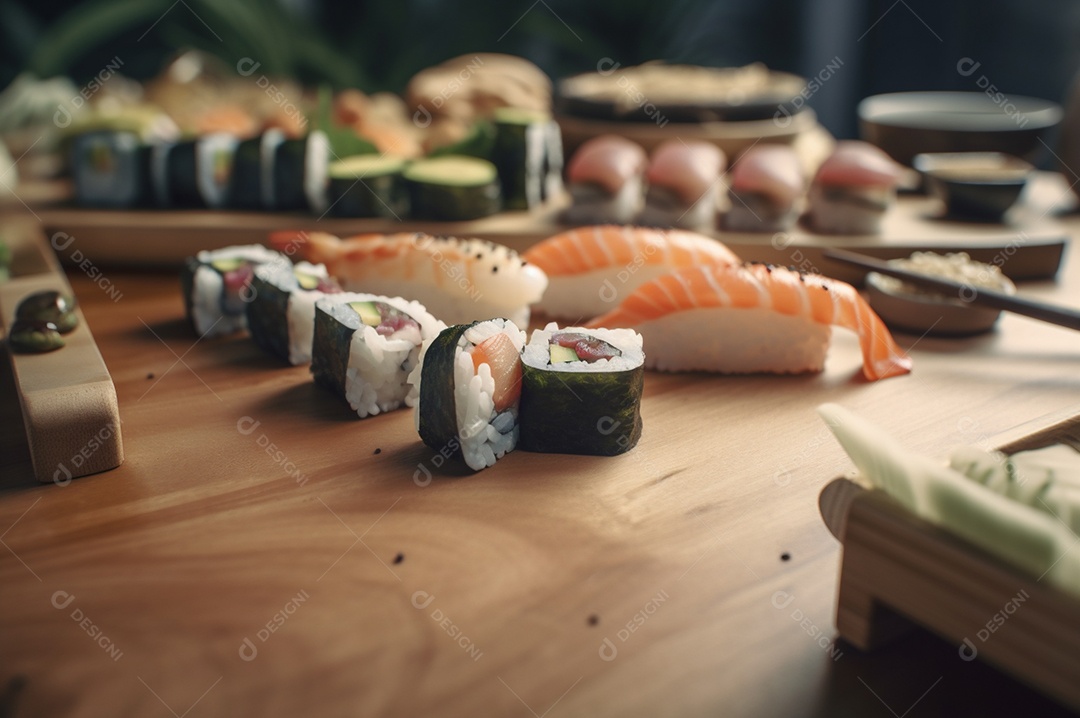 Conjunto de sushi variado disposto no prato sobre a mesa de madeira.