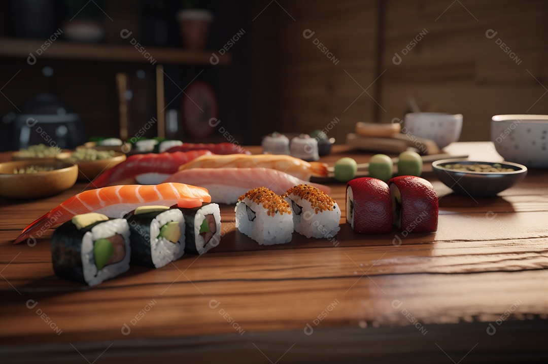 Conjunto de sushi variado disposto no prato sobre a mesa de madeira.