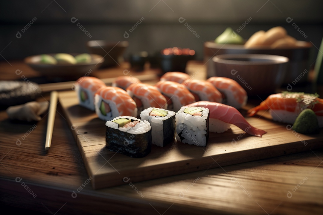 Conjunto de sushi variado disposto no prato sobre a mesa de madeira.