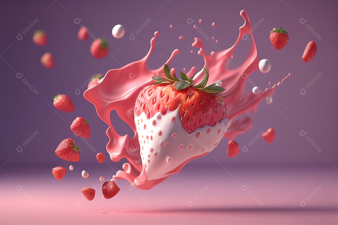 Morangos ao ar com leite em 3D sobre fundo abstrato IA