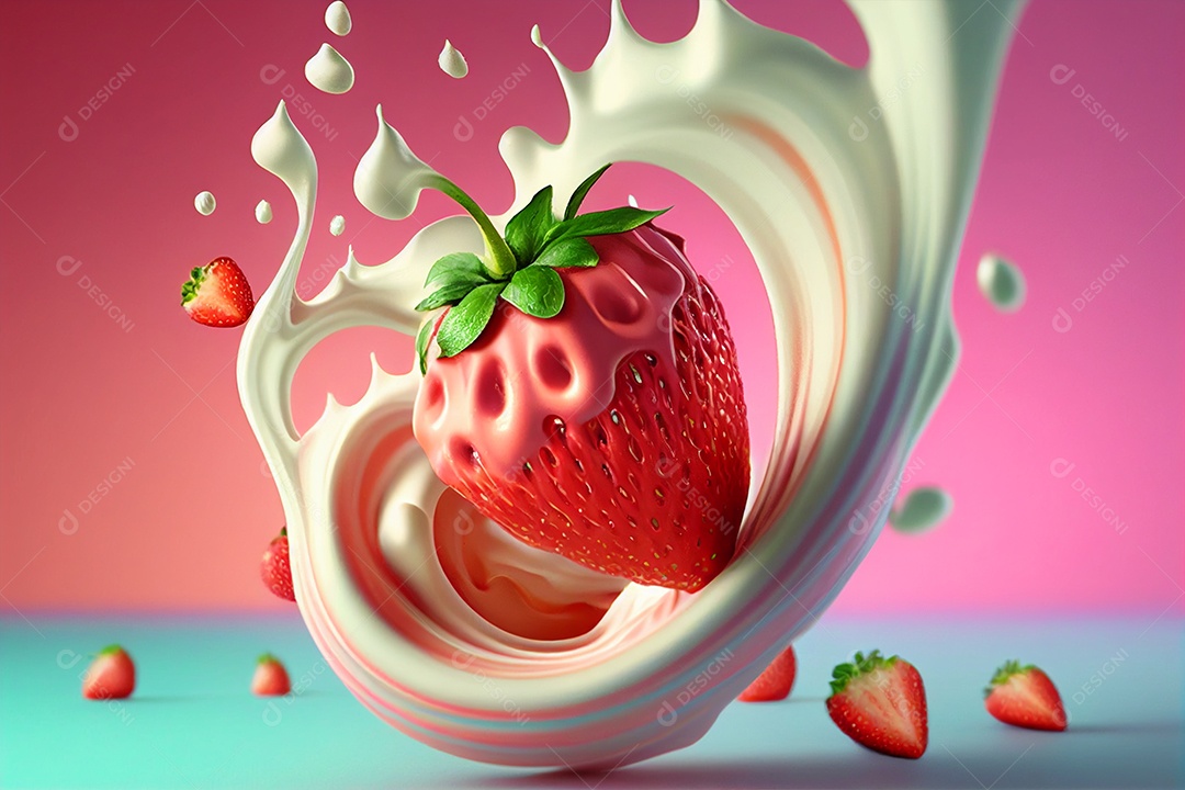 Morangos ao ar com leite em 3D sobre fundo abstrato IA