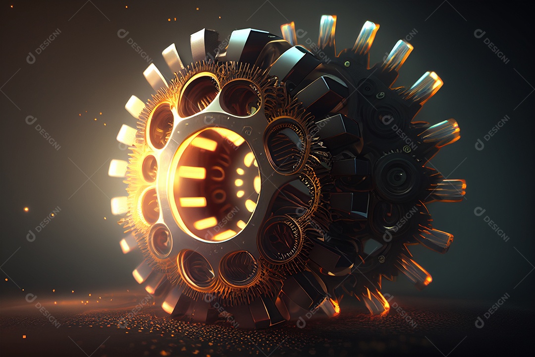 Engrenagem 3D abstrata em fundo escuro conceito de mecânica IA