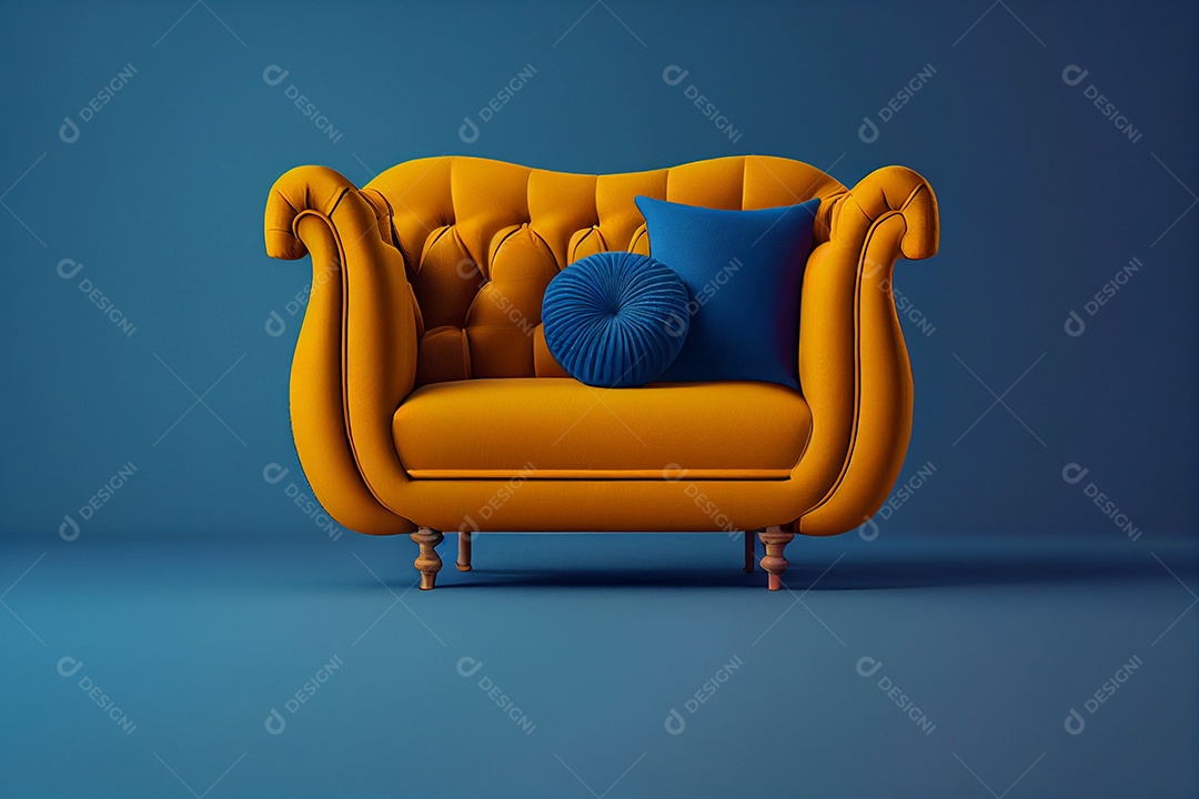 Aconchegue-se em uma poltrona amarela em uma sala de estar contra um fundo de parede azul escuro vazio gerada por IA
