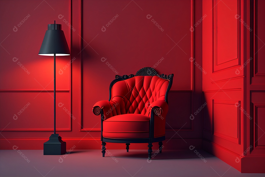 Um quarto vermelho vazio com uma poltrona vermelha gerada por IA